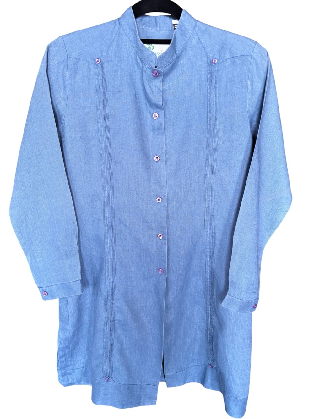 Women's small blue linen button up long sleeve  tunic with mandarin collar.